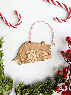 Were You Reading These? - Cat and Books Wooden Ornament: Ornament only